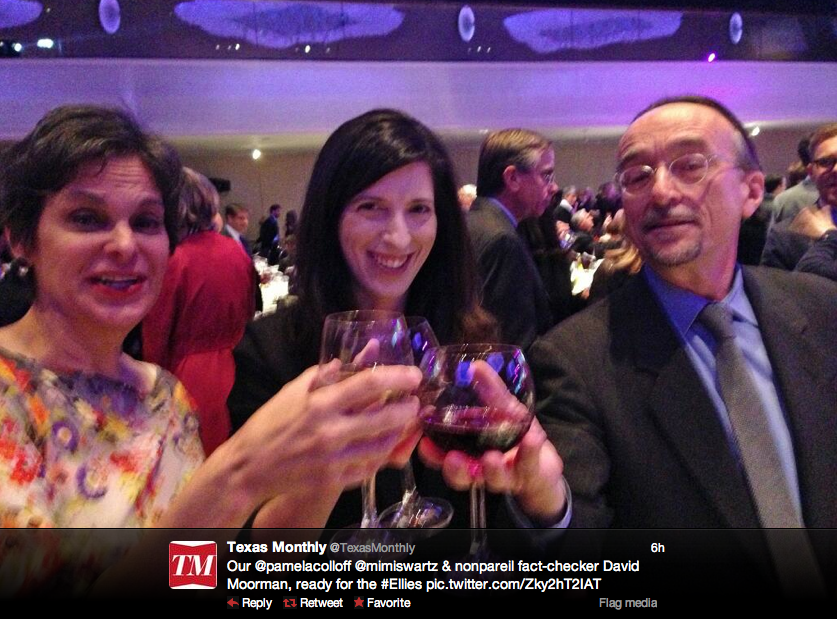 Left to right: Swartz, Colloff and fact checker David Moorman at last night&#8217;s festivities, courtesy the @TexasMonthly Twitter feed.